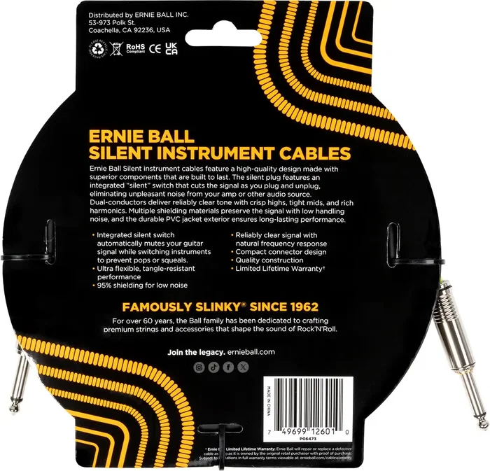 Ernieball Câble Instrument Silent Jack-Jack SS 6 m - Noir