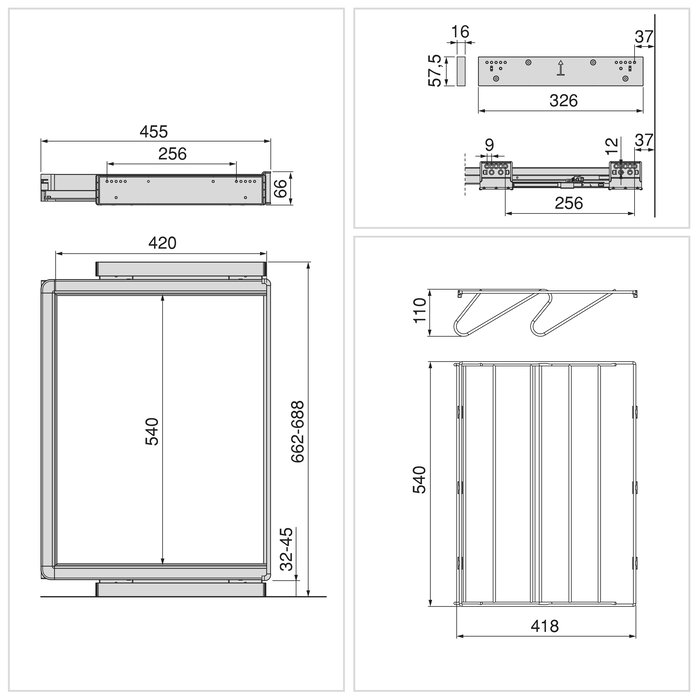 Emuca Kit tiroir à chaussures et rack ajustable Quartz pour armoires, glissières extension totale et à fermeture douce, Module 70cm, Finition Titane