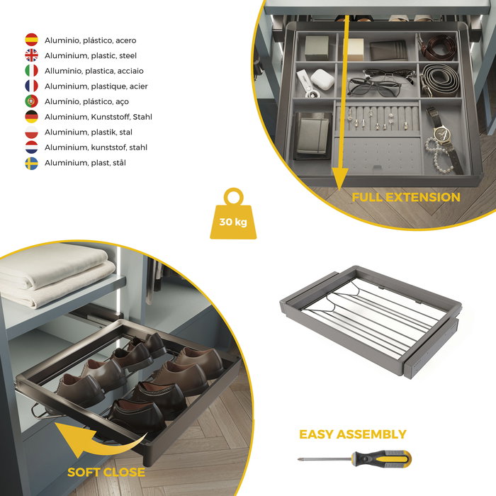 Emuca Kit tiroir à chaussures et rack ajustable Quartz pour armoires, glissières extension totale et à fermeture douce, Module 70cm, Finition Titane