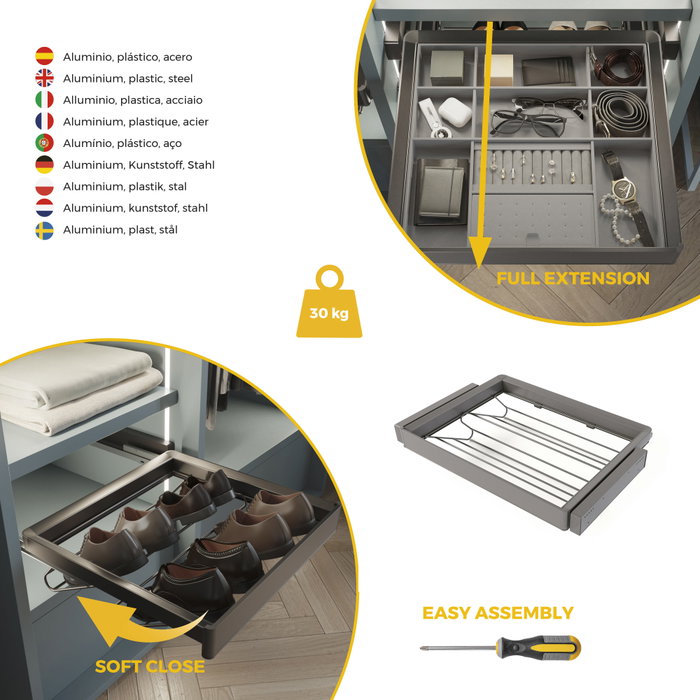 Emuca Kit tiroir à chaussures et rack ajustable Quartz pour armoires, glissières extension totale et à fermeture douce, Module 70cm, Finition Titane Emuca Kit tiroir à chaussures et rack ajustable Quartz pour armoires, glissières extension totale et à fermeture douce, Module 70cm, Finition Titane