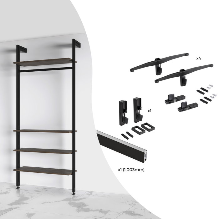 Emuca Kit de fixation pour 4 étagères en bois et 1 tringle de suspension de 1m de long Noir, Aluminium et Zamak et Plastique, Peint en noir texturé Emuca Kit de fixation pour 4 étagères en bois et 1 tringle de suspension de 1m de long Noir, Aluminium et Zamak et Plastique, Peint en noir texturé
