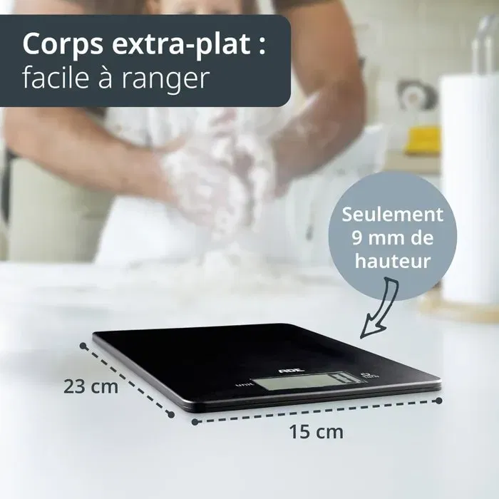 ADE Balance de Cuisine Numérique Digital Ultra Plate 5 kg - Plateau ABS Noir 22 x 17 cm - 9 mm d'épaisseur - Avec Pile CR2032 ADE Balance de Cuisine Numérique Digital Ultra Plate 5 kg - Plateau ABS Noir 22 x 17 cm - 9 mm d'épaisseur - Avec Pile CR2032