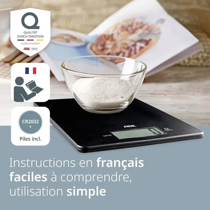 ADE Balance de Cuisine Numérique Digital Ultra Plate 5 kg - Plateau ABS Noir 22 x 17 cm - 9 mm d'épaisseur - Avec Pile CR2032 ADE Balance de Cuisine Numérique Digital Ultra Plate 5 kg - Plateau ABS Noir 22 x 17 cm - 9 mm d'épaisseur - Avec Pile CR2032