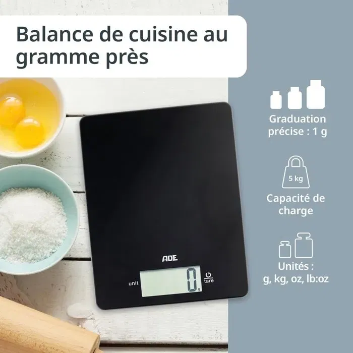ADE Balance de Cuisine Numérique Digital Ultra Plate 5 kg - Plateau ABS Noir 22 x 17 cm - 9 mm d'épaisseur - Avec Pile CR2032 ADE Balance de Cuisine Numérique Digital Ultra Plate 5 kg - Plateau ABS Noir 22 x 17 cm - 9 mm d'épaisseur - Avec Pile CR2032