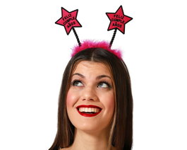 Bandeau Joyeux Anniversaire avec Étoiles Fuchsia et Plumes Roses