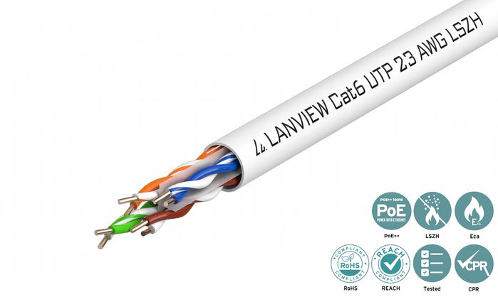 Lanview Câble Ethernet Cat6 U-UTP 305m, 4 paires AWG23, blanc, LSZH, pour réseaux et télécoms haute vitesse