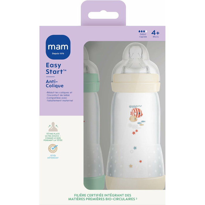 Mam Lot de 2 Biberons Easy Start Anti-colique Classique 320 ml Menthe + Coton