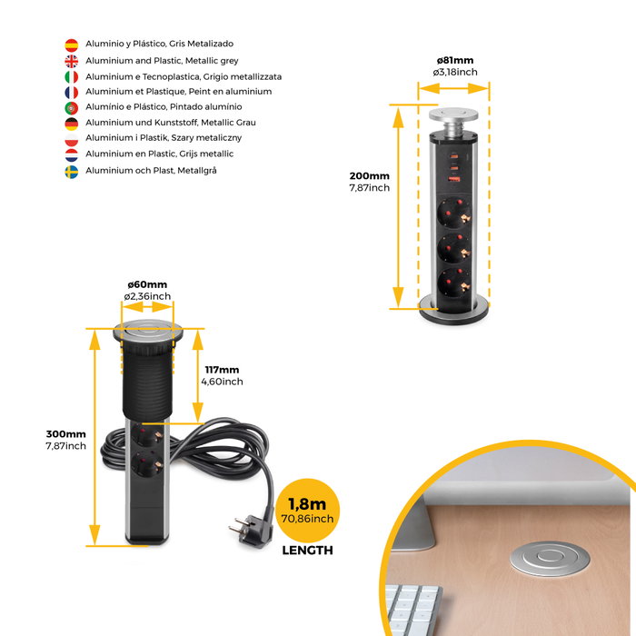 Emuca Multiconnecteur élevable Vertikal - 3 prises Schuko, 1 USB-A, 2 USB-C, Noir