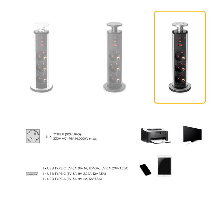 Emuca Multiconnecteur élevable Vertikal - 3 prises Schuko, 1 USB-A, 2 USB-C, Noir