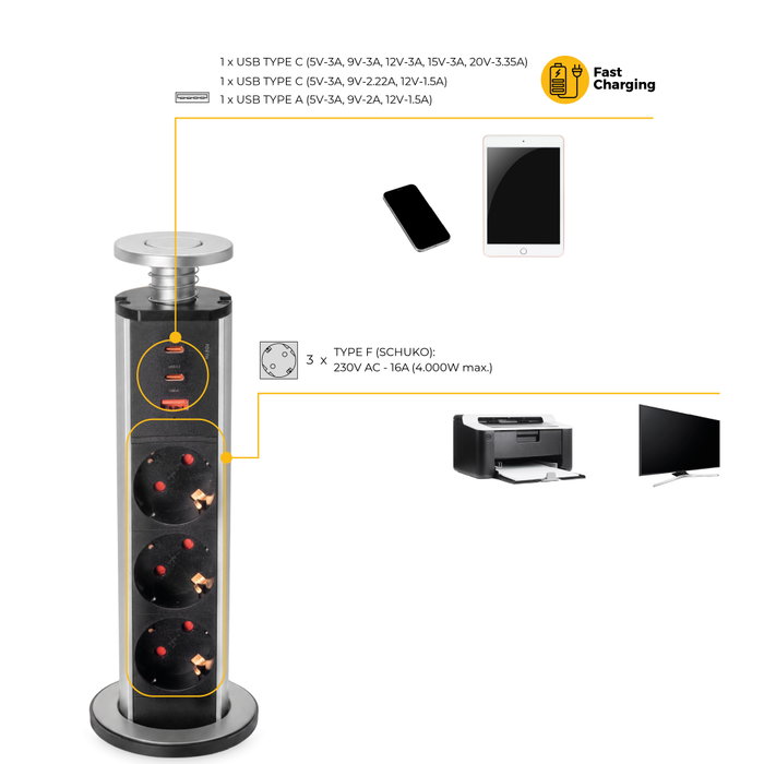 Emuca Multiconnecteur élevable Vertikal - 3 prises Schuko, 1 USB-A, 2 USB-C, Noir