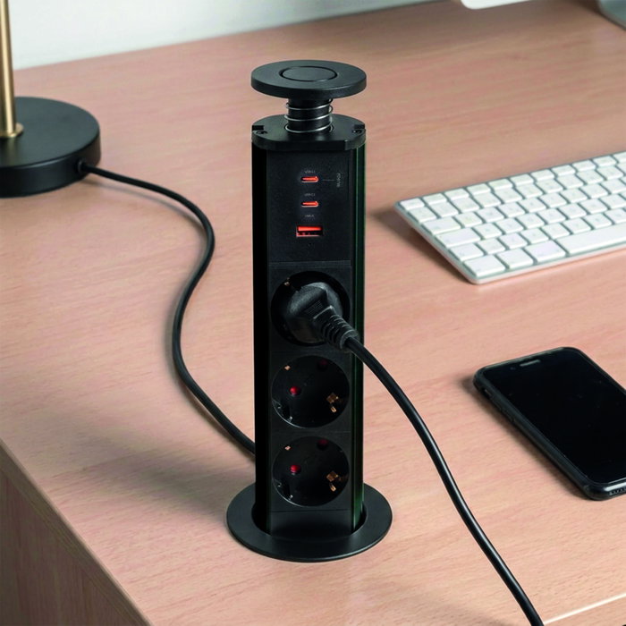 Emuca Multiconnecteur élevable Vertikal - 3 prises Schuko, 1 USB-A, 2 USB-C, Noir