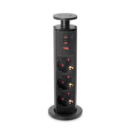 Emuca Multiconnecteur élevable Vertikal - 3 prises Schuko, 1 USB-A, 2 USB-C, Noir