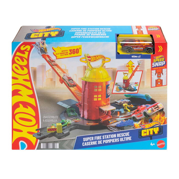 Hot Wheels - Station de Pompiers City Super Fire Station Rescue avec Camion de Pompiers 1:64 et Rampe de 40 cm - Version Multilingue