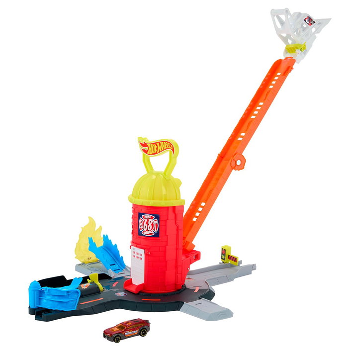 Hot Wheels - Station de Pompiers City Super Fire Station Rescue avec Camion de Pompiers 1:64 et Rampe de 40 cm - Version Multilingue