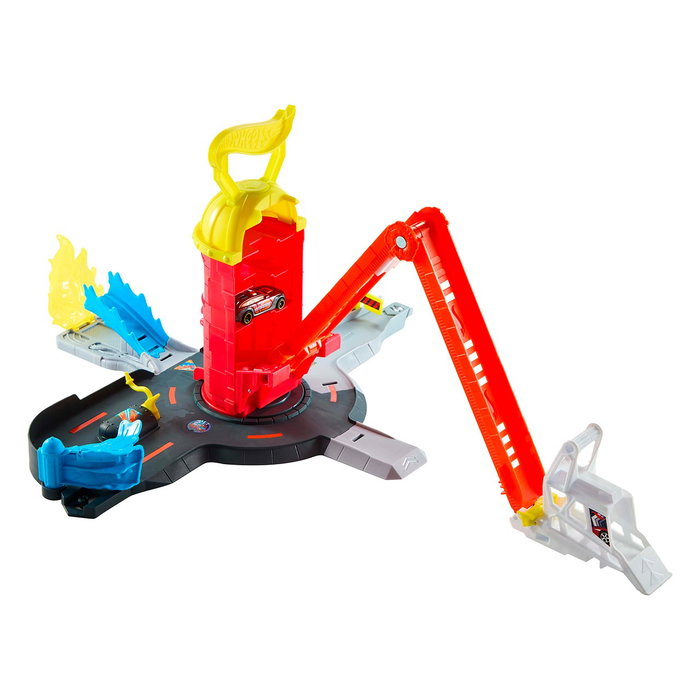 Hot Wheels - Station de Pompiers City Super Fire Station Rescue avec Camion de Pompiers 1:64 et Rampe de 40 cm - Version Multilingue