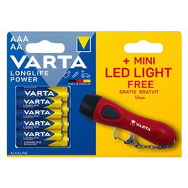 Varta 92400121812 - Piles alcalines LR03 AAA et LR6 AA 1.5V Longlife Power, Lot de 8 piles + Mini lampe torche LED à accrocher