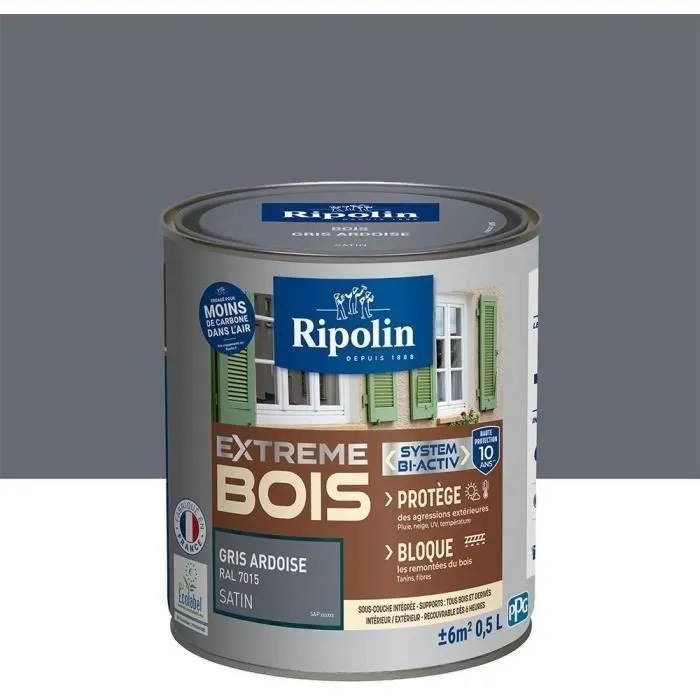 Ripolin Peinture Bois Satin Haute Protection 10 ans - Gris Ardoise - Application Directe, Intérieur/Extérieur, Ultra Couvrante, Certifié EU Ecolabel A+
