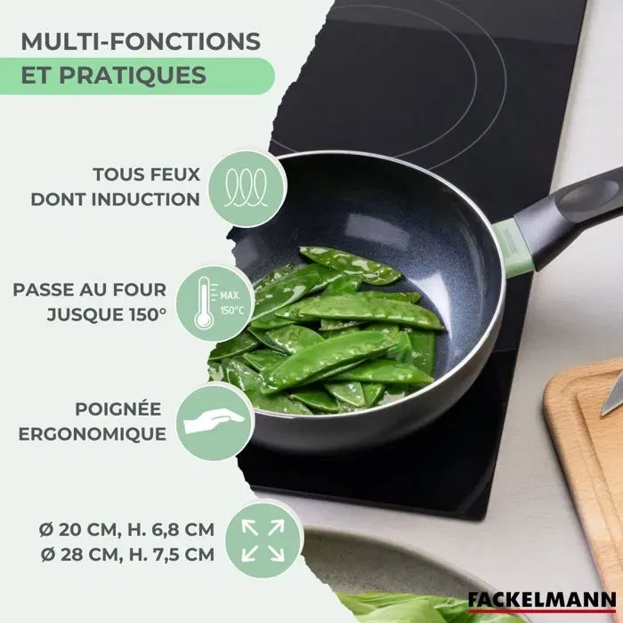 Fackelmann Set de 2 Woks en Aluminium Recyclé avec Revêtement Céramique Antiadhésif Sans PFAS - 20 cm et 28 cm - Compatible Induction et Four