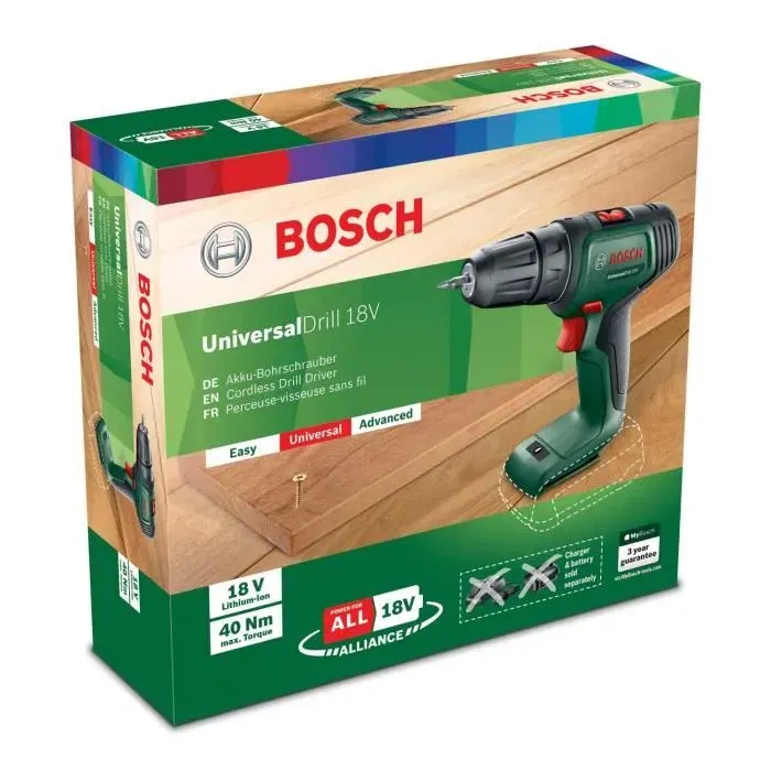 Bosch UniversalDrill - Perceuse-visseuse sans fil 18 V, mandrin automatique, pour bois, métal et plastiques, avec batterie interchangeable Power for All