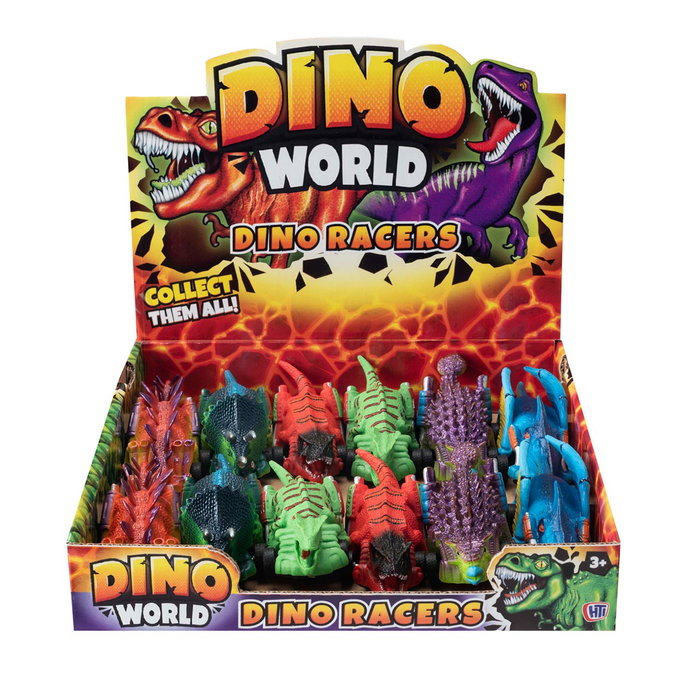 HTI Dino Racers - Véhicules à friction dinosaures - Multipack de 12 unités - Jouets pour enfants dès 3 ans - 5 modèles différents - Dino Racers Exp.