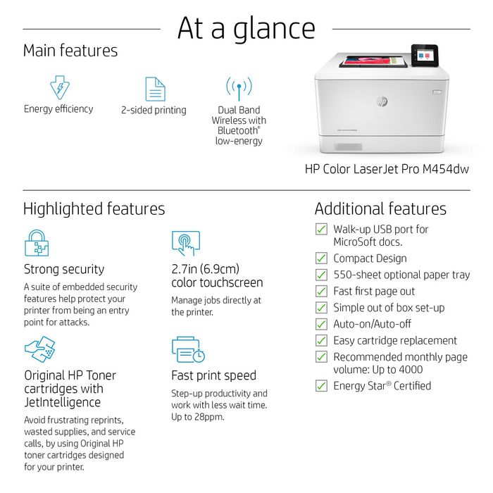 HP Color LaserJet Pro M454dw - Imprimante Laser Couleur, A4, WiFi, USB, Vitesse 28ppm, Résolution 600 x 600 dpi