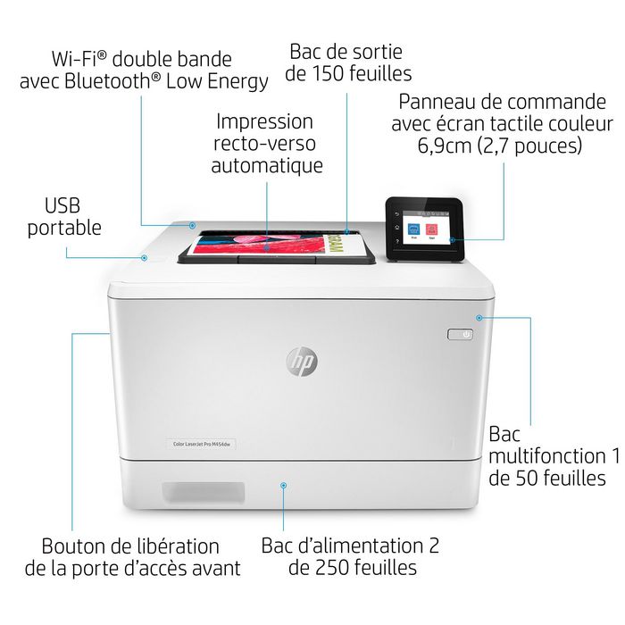 HP Color LaserJet Pro M454dw - Imprimante Laser Couleur, A4, WiFi, USB, Vitesse 28ppm, Résolution 600 x 600 dpi