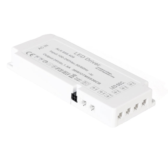ALK Transformateur 6 voies 36W 24V DC IP20 pour éclairage LED ou petits équipements (138 x 55 x 18 mm)
