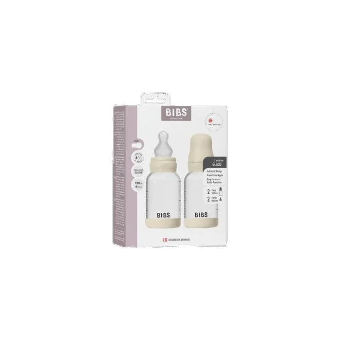 Bibs Lot de 2 biberons en verre 120 ml, tétine silicone débit lent, Ivory Bibs Lot de 2 biberons en verre 120 ml, tétine silicone débit lent, Ivory