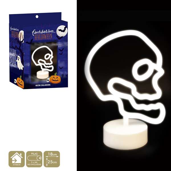 Juinsa Calavera avec support et lumière neon, émet des sons et lumières, fonctionne sur piles, dimensions 18x25 cm