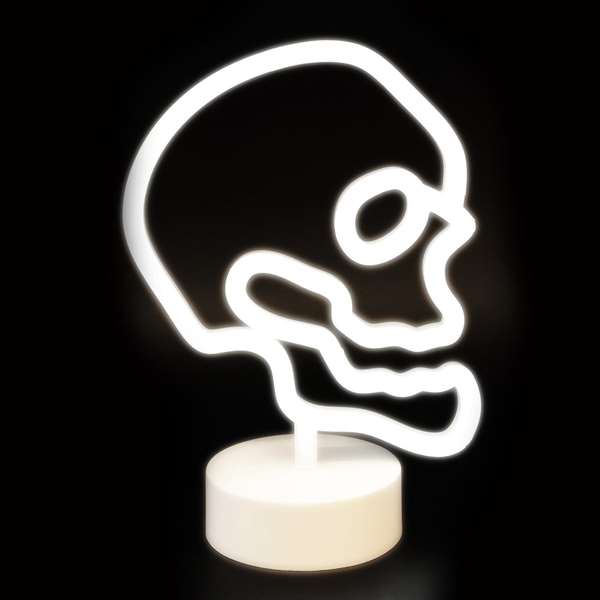 Juinsa Calavera avec support et lumière neon, émet des sons et lumières, fonctionne sur piles, dimensions 18x25 cm