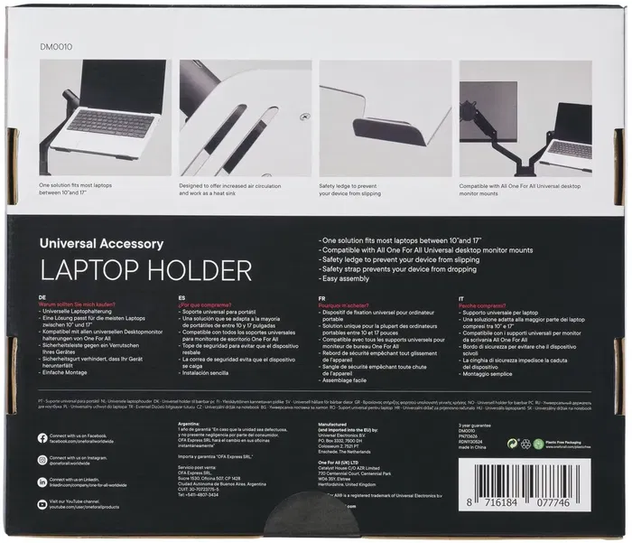 One For All Support pour Ordinateur Portable VESA 75, Compatible Écrans 10 à 17 Pouces jusqu'à 9 kg avec Rebord et Sangle de Sécurité One For All Support pour Ordinateur Portable VESA 75, Compatible Écrans 10 à 17 Pouces jusqu'à 9 kg avec Rebord et Sangle de Sécurité