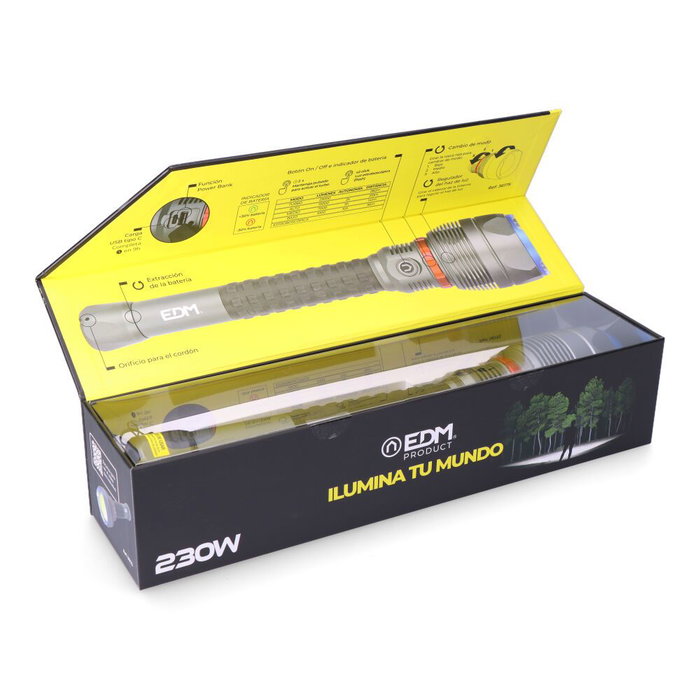 Edm Lampe torche LED rechargeable longue portée 23000 lm 6500K 5 modes IP67 powerbank avec câble USB-C et étui Edm Lampe torche LED rechargeable longue portée 23000 lm 6500K 5 modes IP67 powerbank avec câble USB-C et étui