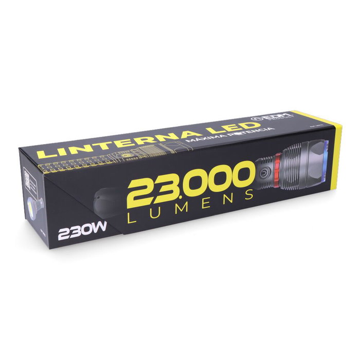 Edm Lampe torche LED rechargeable longue portée 23000 lm 6500K 5 modes IP67 powerbank avec câble USB-C et étui Edm Lampe torche LED rechargeable longue portée 23000 lm 6500K 5 modes IP67 powerbank avec câble USB-C et étui