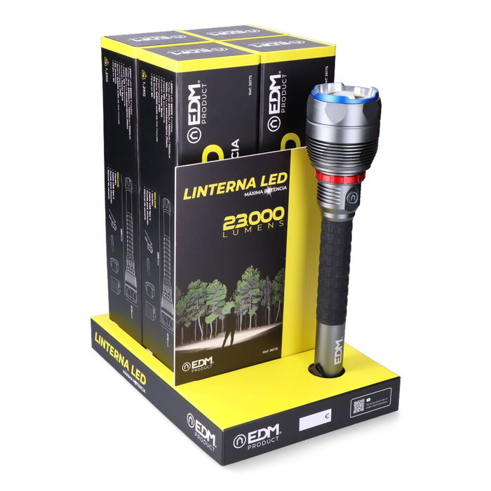Edm Lampe torche LED rechargeable longue portée 23000 lm 6500K 5 modes IP67 powerbank avec câble USB-C et étui Edm Lampe torche LED rechargeable longue portée 23000 lm 6500K 5 modes IP67 powerbank avec câble USB-C et étui