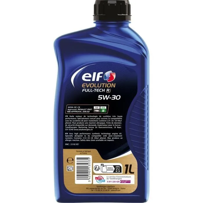 Elf Huile moteur synthétique Evolution FULL-TECH R 5W-30 1L - RN17 - Pour moteurs Renault, Dacia Euro 6 (Diesel Blue dCi) - Compatible DPF, GPF, SCR, NOx-Trap