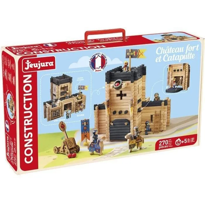 Jeujura - Château Fort et Catapulte - Jeu de construction en bois avec 270 pièces, notice de montage, tapis de jeu et accessoires - Valisette - À partir de 5 ans