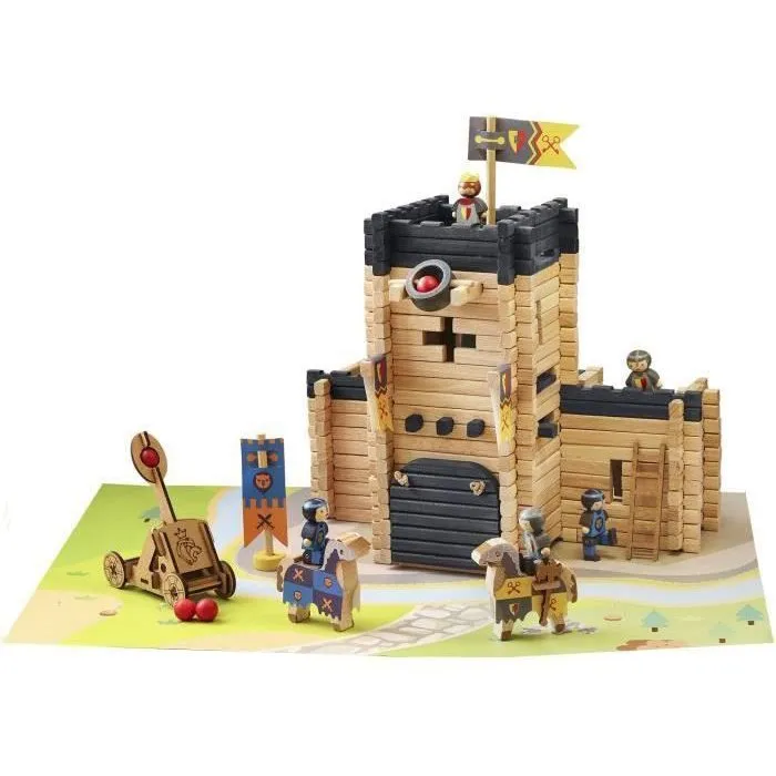 Jeujura - Château Fort et Catapulte - Jeu de construction en bois avec 270 pièces, notice de montage, tapis de jeu et accessoires - Valisette - À partir de 5 ans