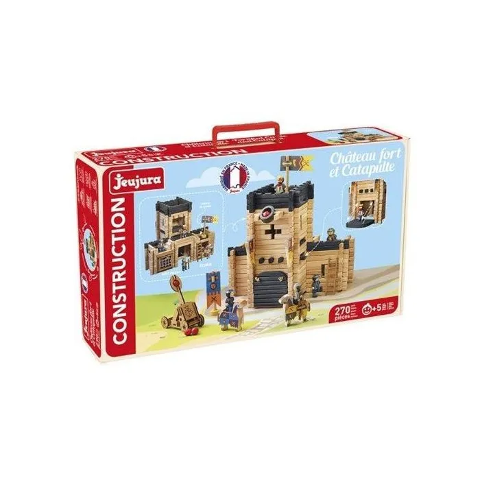Jeujura - Château Fort et Catapulte - Jeu de construction en bois avec 270 pièces, notice de montage, tapis de jeu et accessoires - Valisette - À partir de 5 ans