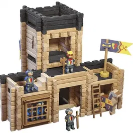 Jeujura - Château Fort et Catapulte - Jeu de construction en bois avec 270 pièces, notice de montage, tapis de jeu et accessoires - Valisette - À partir de 5 ans