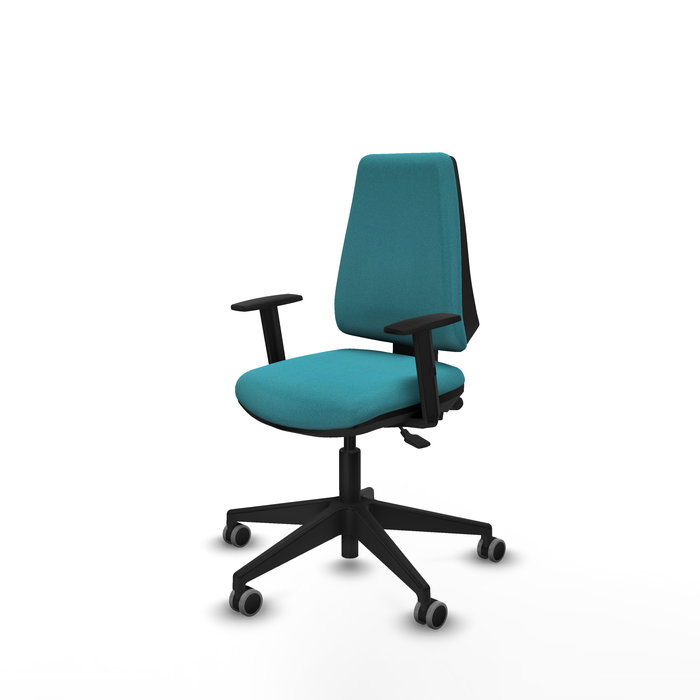 Chaise Elche Asynchrone Tissu Turquoise Base pyramidale noire Accoudoir 1D Sans appui-tête Roulettes 65mm pour moquette Chaise Elche Asynchrone Tissu Turquoise Base pyramidale noire Accoudoir 1D Sans appui-tête Roulettes 65mm pour moquette