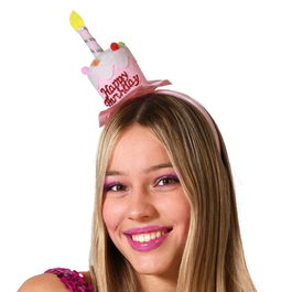 Diadema Couronne de gâteau d'anniversaire rose avec bougie et décoration - Accessoire festif pour fêtes et photos