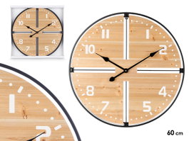 Giftdecor Horloge Murale en Bois 60 cm - Design Marron et Noir - MDF et Métal (Set de 4)