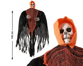 Espace Déco - Décoration pendante squelette avec capuche orange 140 cm - Effrayant pour Halloween, fêtes, intérieur et extérieur