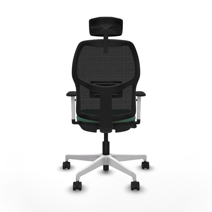 Chaise Alfera Synchrone/Traslack Maille/tissu Vert émeraude Maille Noir Structure polyamide blanc Accoudoirs noirs et blancs Appui-tête 2D Roulettes 65mm nylon