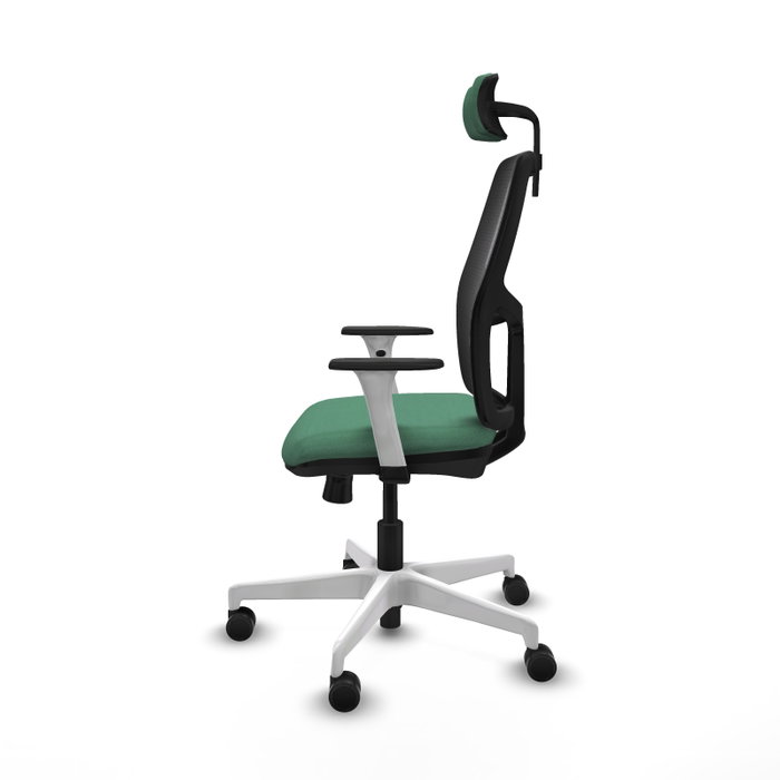 Chaise Alfera Synchrone/Traslack Maille/tissu Vert émeraude Maille Noir Structure polyamide blanc Accoudoirs noirs et blancs Appui-tête 2D Roulettes 65mm nylon