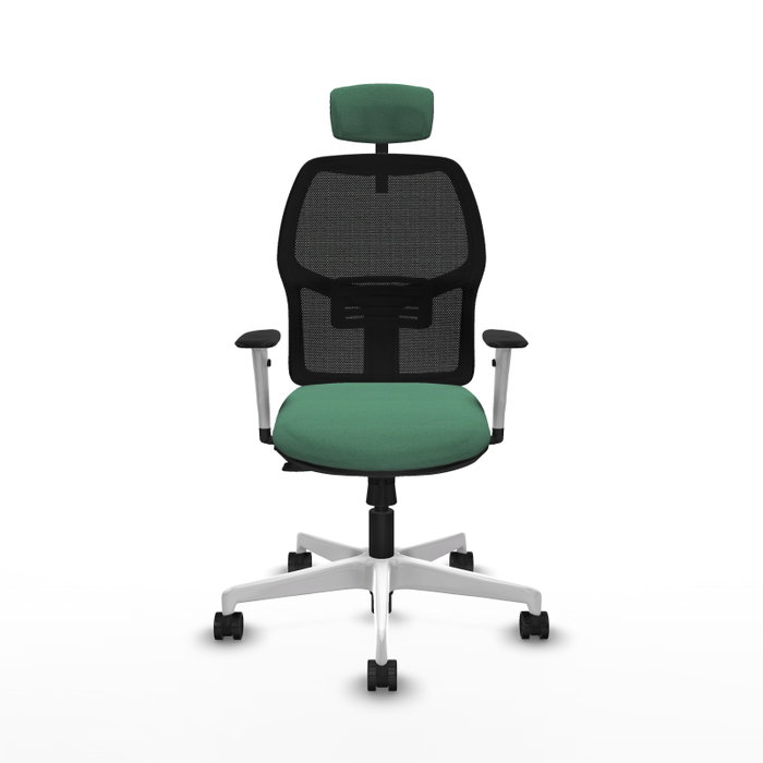 Chaise Alfera Synchrone/Traslack Maille/tissu Vert émeraude Maille Noir Structure polyamide blanc Accoudoirs noirs et blancs Appui-tête 2D Roulettes 65mm nylon
