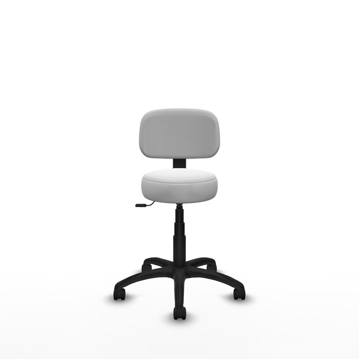 Chaise de bureau Llanos avec mécanisme Contacto Lama, recouverte de tissu blanc. Équipée d'une base en polyamide noir, sans accoudoirs et de roulettes en nylon de 50 mm.