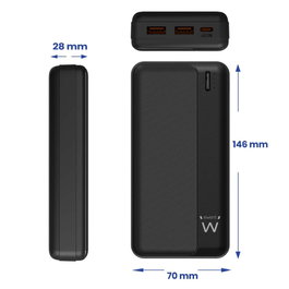 Ewent EW1163 Powerbank 20000 mAh avec Power Delivery 22.5W, USB-C et USB-A, Charge rapide, Batterie portable