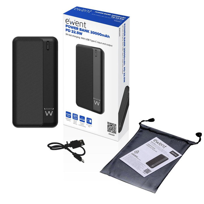 Ewent EW1163 Powerbank 20000 mAh avec Power Delivery 22.5W, USB-C et USB-A, Charge rapide, Batterie portable