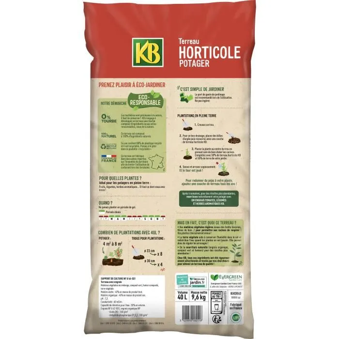 KB Terreau horticole pour potager 40 L - Terreau naturel 0% tourbe, éco-responsable, fabriqué en France, pour plantation et repiquage